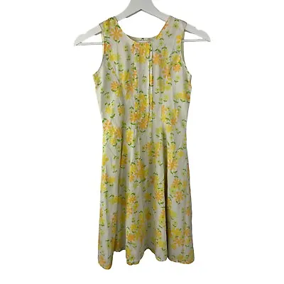 Vintage 1970s Girls Dress M 8 Handmade Sheer Flocked Yellow Floral Short Sleeve • $14.88