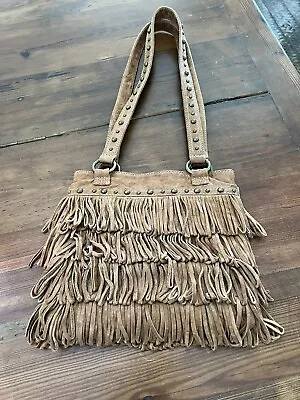 Junior Drake Brown Leather Fringe And Studded Bag • $73.99