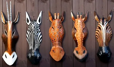 Wood Animal Mask Wall Art Carving Horse Zebra Giraffe Antelope 50cm Christmas • £19.95