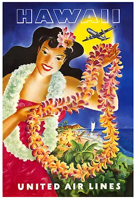 United Airlines Hawaiian Hula Girl At Waikiki Beach Honolulu – 1950’s Poster • $19.95