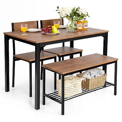 $219.95 • Buy Giantex 4Pcs Dining Table Set Industrial Wooden Table Bench Chairs Brown Kitchen