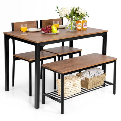 $219.95 • Buy Giantex 4Pcs Dining Table Set Industrial Wooden Table Bench Chairs Brown Kitchen