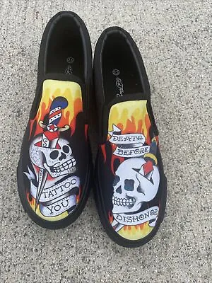 ED HARDY Loafers Sneakers TATTOO SKULL SWORD Womens Sz 7.5 BRAND NEW ❤️blt11j5 • $75