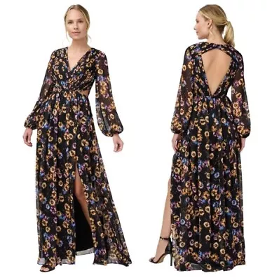 NWT Aidan Mattox Black Floral Long Sleeve V-Neck Pleated Chiffon Gown Size 10 • $100