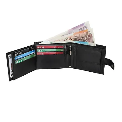 Mens RFID Blocking Soft Black Leather Wallet ID Window Zip And Coin Pocket 2511 • £7.99