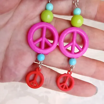 Peace Earrings Beaded 60s 70s Style Hot Pink Green & Red Sign Bright Hippy Party • £3.95