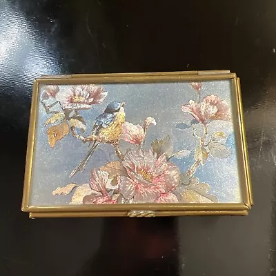 Vintage Brass And Glass Hinged Trinket Box With Foiled Bird And Flower Picture • $19.99