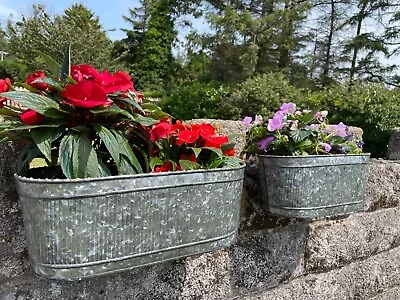 Galvanised Railing Hanging Ribbed Planter Set | Metal Garden Flower Pot Trough • £24.99