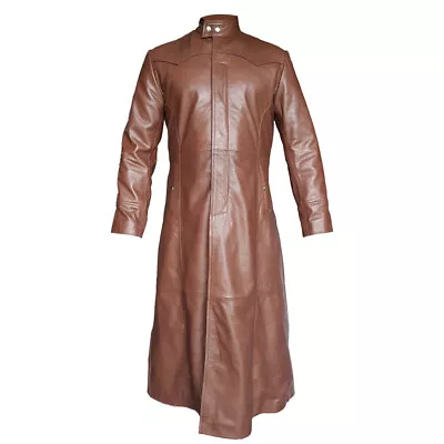 Mens Steampunk Style Long Coat Genuine Leather Goth Gothic Trench Brown Coat • $194.99