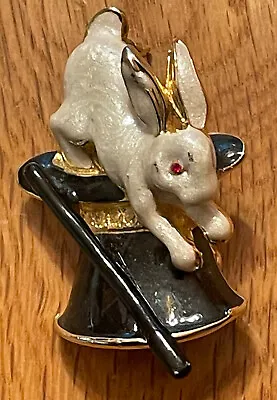 Vintage Enamel Brooch: White Bunny /w Red Eye And Magician Hat/wand. Super Cute! • $6.99