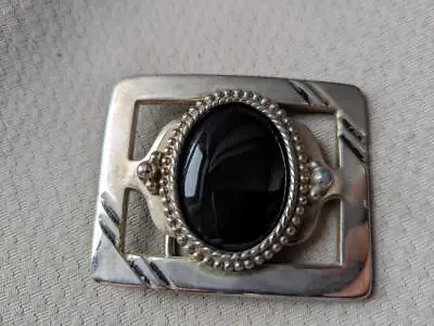 Vintage BELT BUCKLE Black AGATE Gemstone Inlay COWBOY Western Rock • $39.95