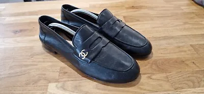 AUTHENTIC CHANEL CC Soft Leather Black Loafers Size EU40.5 • £350