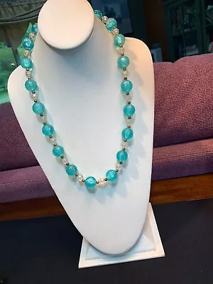 Vintage 1950’s Aqua Blue Clear  Lucite Beaded Necklace Brass Accent Beads • $21.09