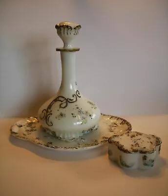 Antique Dithridge Victorian Dresser Set Opaline Milk Glass Decanter Tray Trinket • $75