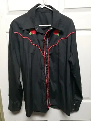 Vtg Men Black Western Shirt Size M  Embroidery Red Rose Pearl Snap Some Missing  • $15.99