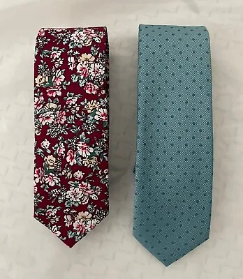 Lot Of 2 Neckties THE TIE BAR Maroon Floral VAN HEUSEN Blue-Green Polka Dot EUC! • $13.89