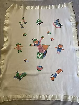 Vintage 1960s Satin Trim Hand Stitched White Thermal Baby Blanket Boy Or Girl • $28