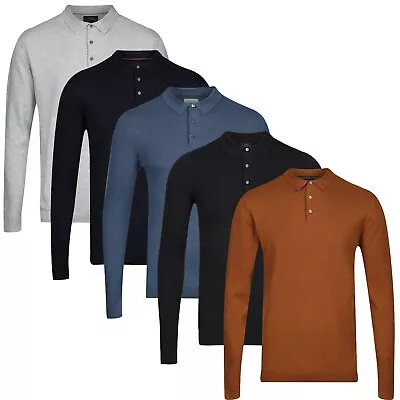 Knitted Polo Shirt New Mens Long Sleeve 3 Button Cotton Rich Jumper Top • £9.99