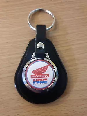 Honda Racing Hrc  Pear Shaped Black Leather & Metal Key Fob Keyring • £5.49