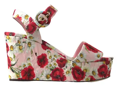 Dolce & Gabbana Pink Red Floral Poppy Daisy Wedge Sandals EU37 US7 • £521.74