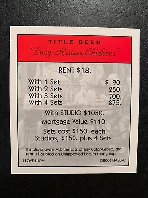 Monopoly I LOVE LUCY Lucy Raises Chickens TITLE DEED CARD Game Replacement • $1.59