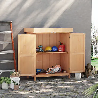 Outdoor Garden Storage Shed Tool Wooden Box W/ Hinged Roof 74x43x88cm Natural • £94.99