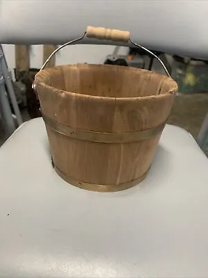 Antique Wood Bucket  5 1/4” Tall  7 1/4 Wide Brass Straps And Hinges Blue Berry • $25