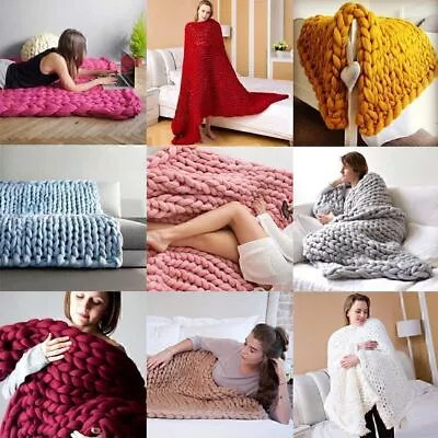 Chunky Knitted Thick Blanket Winter Warm Hand Yarn Merino Bulky Throw Sofa Knit • £18.56