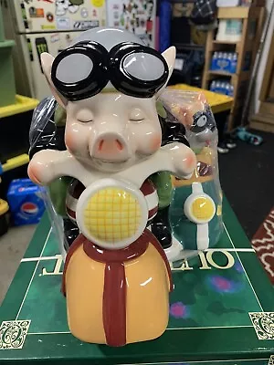 Road Hog Ceramic Cookie Jar ~ Pig On A Motorcycle With Dog And Treats In Sidecar • $29.99