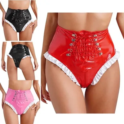 Women PVC Leather High Rise Rave Dance Brief Booty Shorts Hot Pants Maid Costume • £5.45