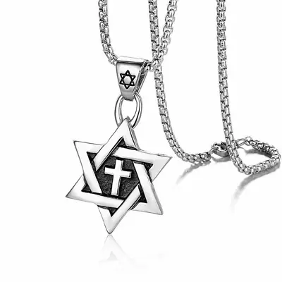 Jewish Star Of David Messianic Cross Pendant Necklace Stainless Steel Chain 24  • $9.12