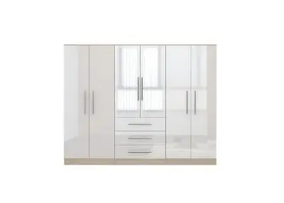 High Gloss White 6 Door Modern Mirrored Fitment Wardrobe With 3 Drawers • £469.99