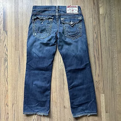 True Religion Ricky Super T Blue Jeans White Thick Stitch SZ 36x31 Distressed • $49.99