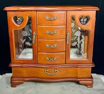 Vtg Wooden Jewelry Box Cabinet Chest Armoire Organizer Floral Etched Glass Doors • $48