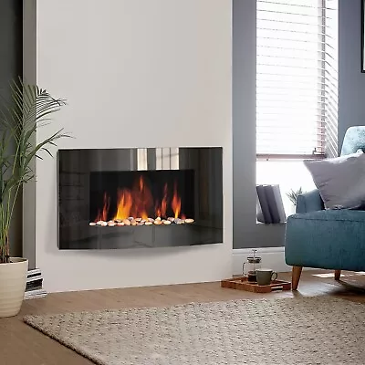 Wall Mounted Electric Fire Fireplace Black Glass Curved LED Flicker Effect Flame • £139.99