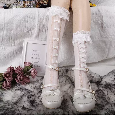 Women Girl's Sock Lolita Lace Sock With Bow Knee-Socks Frilly Socks School Socks • $10.95