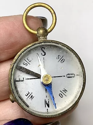 Vintage Compass Brass Pendant Fob. Glass Top. Camping Hiking. France • $85