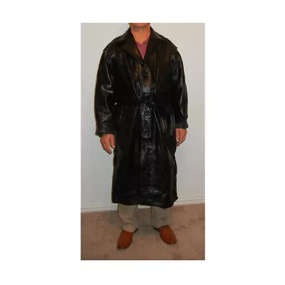 Genuine Leather Trench Coat For Men Size 3XL Black Full Length Lined Belt Pocket • $99.99