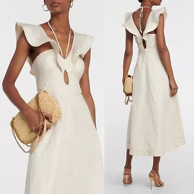 NWOT $950 Zimmermann Halcyon Flutter Cutout Linen Midi Dress Cream Ivory AU0 • £498.83