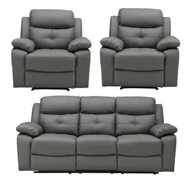 DARK GREY Real Leather 3 Seater2 Seat Armchair Recliner Sofa Suite CHICAGO 311 • £449