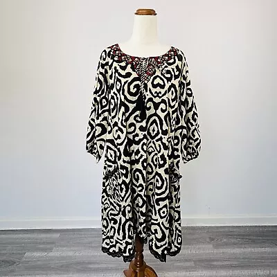 Naudic Sao Paulo Tunic Shift Dress Black Cream 3/4 Sleeve Tasselled Size S NWT • $65