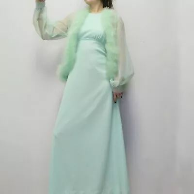 Vintage 70s Mint Prom Dress With Sheer Marabou Trimmed Matching Jacket - Mint • $120