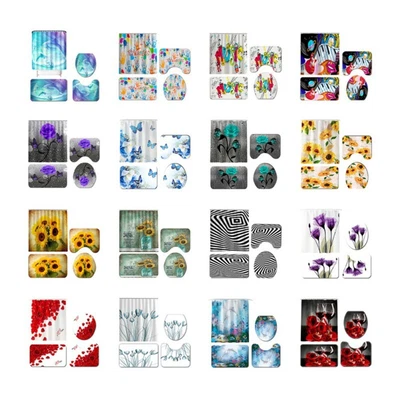 $18.04 • Buy 4PCS Shower Curtain Bathroom Rug Set Bath Mat Non-Slip Toilet Lid Cover W/Hook