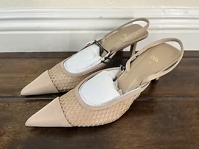 ZARA Womens Pointed Toe Beige Mesh Slingback Heels Sandals US SIZE 6 • $45