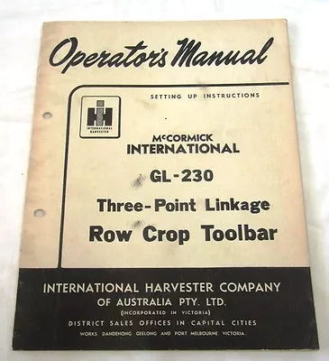 1960 McCORMICK International GL-230  ROW CROP TOOLBAR  OPERATORS MANUAL • $29.99