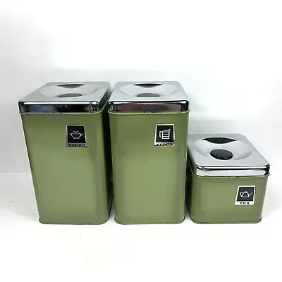 Vintage MCM Retro Metal 3 Pc Canister Set Avocado Green Flour Sugar Tea Pantry • $29.99