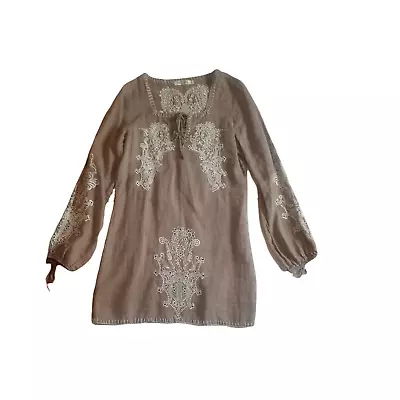 Monoreno Dress Brown Dress 100% Linen Embroidered Long Sleeve Sz Small Boho • $19.99