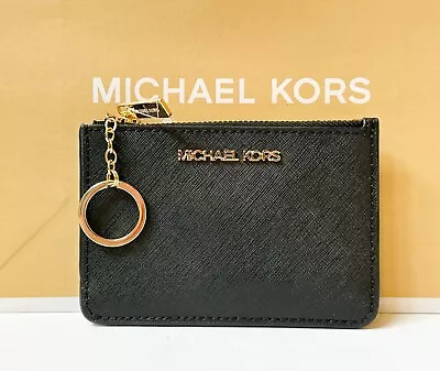 Michael Kors Jet Set Travel Small Coin Pouch Id Holder Leather Wallet Black • $39