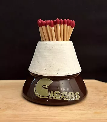 Vintage “FINE CIGARS” Advertising Ceramic Match Holder Striker Brown & White EUC • $10.50