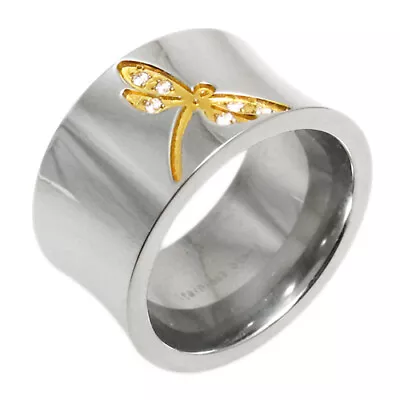 Stainless Steel Concave Micro Paved CZ Gold Plated Dragonfly Design Band Ring • $7.99